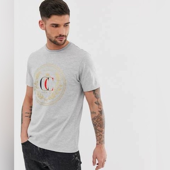 River Island Men's Grey Embroidered Print Slim Fit Short Sleeve T-Shirt - Picture 1 of 4